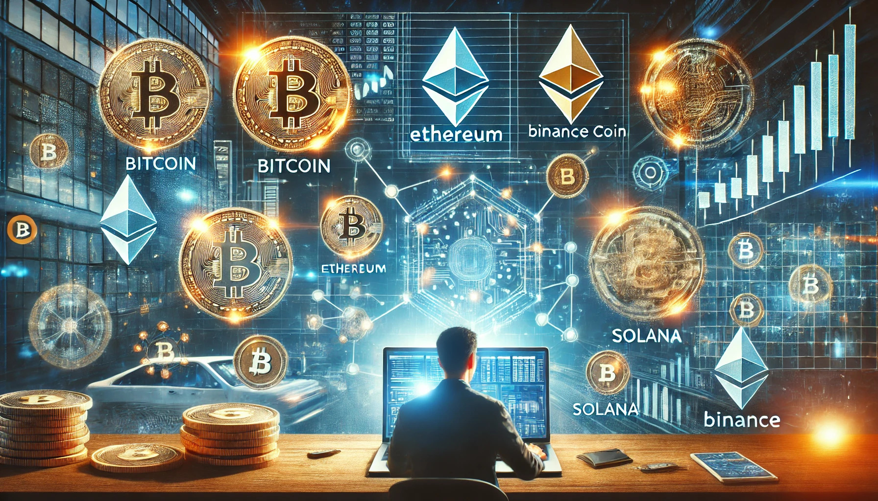 DALL·E 2024 12 02 17.18.51 A professional and futuristic image showcasing the top cryptocurrencies to invest in including Bitcoin Ethereum Binance Coin Solana and others. T