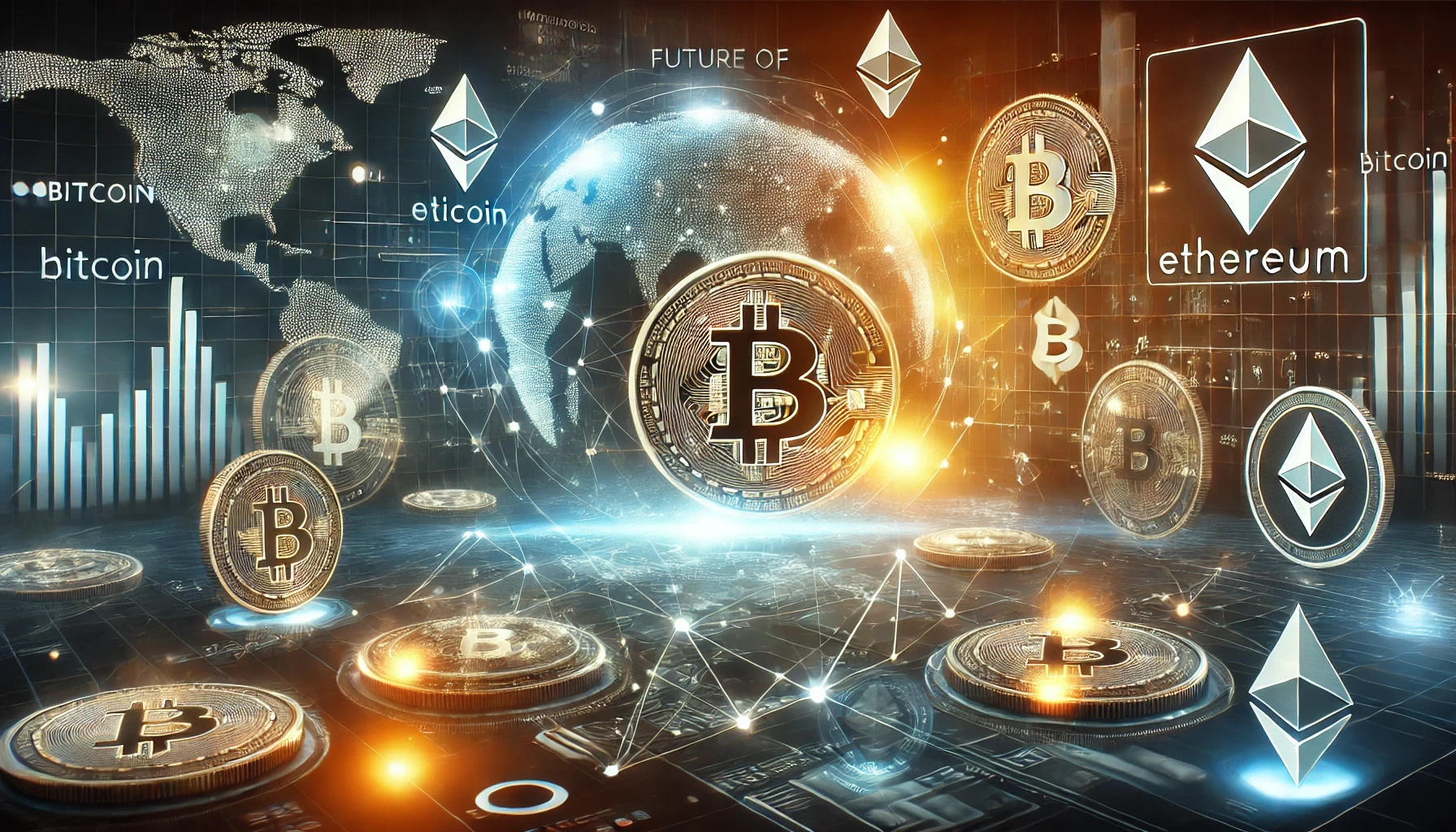 DALL·E 2024 12 03 15.28.39 A futuristic and dynamic image depicting the concept of the future of cryptocurrency. The scene includes glowing digital coins like Bitcoin Ethereum 1